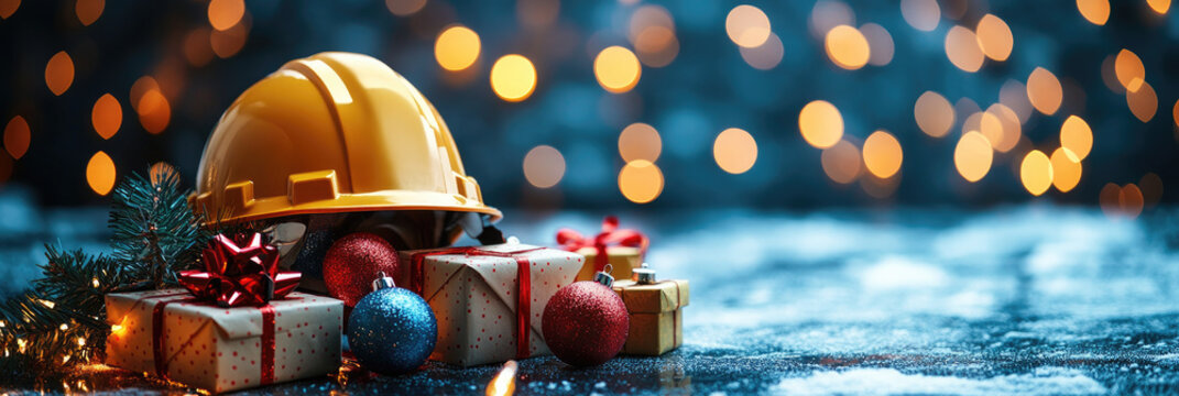 Construction helmet decorated for Christmas with ornaments, gift, pine cones and branches with festive lights on a dark surface covered with snow. Banner, copy space