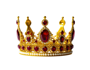 Golden royal crown with red jewels and white pearls, symbolizing royalty and power