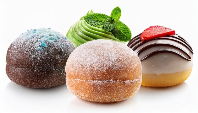 A Variety Of Mochi Donuts Or Pon De Rings Collection Of Various Donuts Flavor Chocolate Strawberry Blueberry White Chocolate Mint Chocolate Matcha Flavor Isolated On White Background