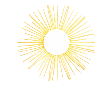 Geometric gold-tone burst, a central white circle with radiating, sun-like, thin lines on black
