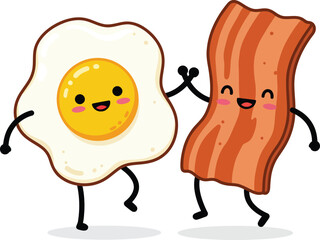 Cute cartoon egg and bacon best friends dancing together symbolizing breakfast joy isolated on transparent background