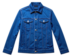 A vibrant denim jacket with button closures, front pockets, and an open collar