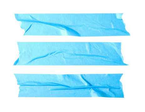 Three strips of light blue adhesive tape, with irregular torn edges, against a black background