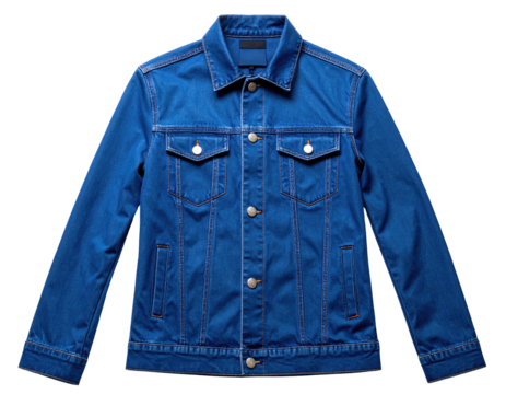 A vibrant denim jacket with button closures, front pockets, and an open collar
