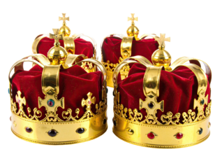 Four ornate golden crowns with red velvet linings, each with a jeweled band