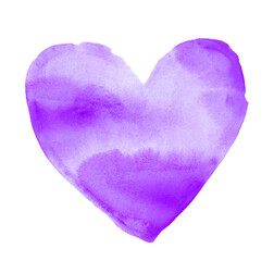 Cœur violet peint à la main à l’aquarelle, texture papier et traces de pinceau visibles / Hand-painted purple watercolor heart with visible brush strokes and paper texture