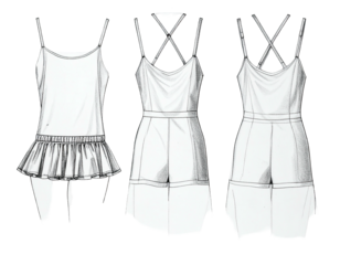 Line drawings of women's summer outfits, showcasing different strap styles