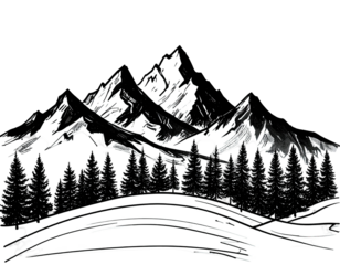 Black and white illustration of snow-capped mountains and evergreen trees in landscape setting