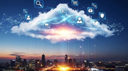 Seamless cloud technology connecting digital icons with a modern city skyline at dusk, creating an - Powered by Adobe