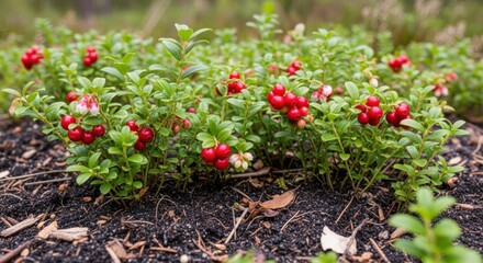 Medium shot of wild lingonberry bushes thriving in nutrientrich soil enhanced by natural biobased fertilizers.