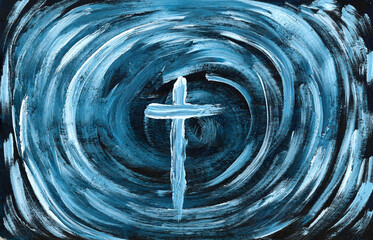 Acrylic painting cross with white circle background, Concept for faith symbol, Christianity, Christian Easter, Eternal life of soul, Gate to heaven, Holy cross for Easter day and Ascension day.