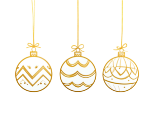 Three hanging white and gold decorative ornaments with intricate designs against black background