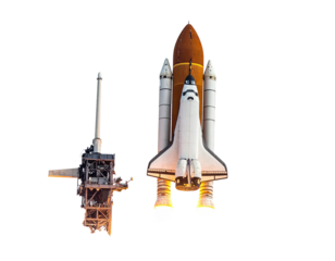 A detailed view of a space shuttle, with attached booster and infrastructure elements, isolated against a black background