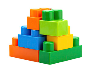 A close-up shot of a multi-colored brick structure against a solid black background