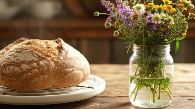 Freshly baked rustic bread with vibrant wildflowers on a wooden table