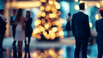 Blurry Christmas tree with bokeh lights, people have fun background, holiday celebration at festive event. Winter corporate party in the office. Colleagues in suits celebrate the 2026 New Year. - Powered by Adobe