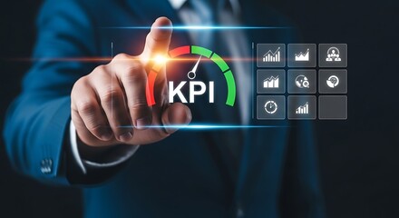 Business professional points to kpi gauge and performance metrics on a digital interface