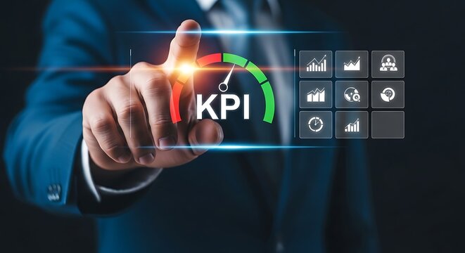 Business professional points to kpi gauge and performance metrics on a digital interface - Powered by Adobe