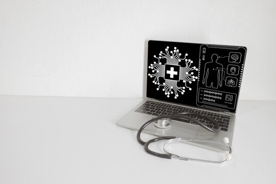 AI in healthcare and telemedicine concept. A doctor's stethoscope on a laptop with a futuristic dashboard showing an AI processor and analyzing patient data, DNA,human organs for virtual diagnosis. - Powered by Adobe