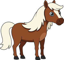 Cute cartoon brown pony horse with white mane and tail standing proudly digital art isolated on transparent background