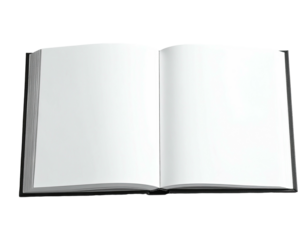 Opened hardcover book against a black background, blank white pages displayed, ready for content