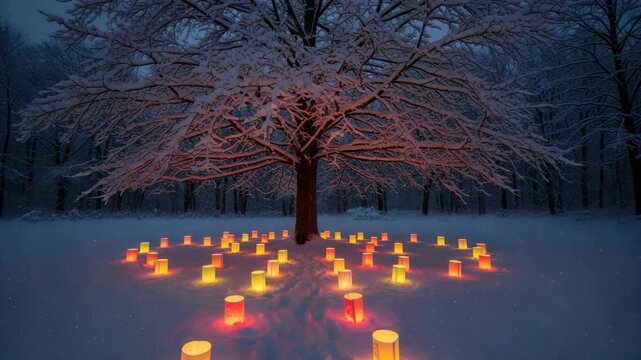 Illuminated winter night: candles form enchanting pattern beneath snowcovered trees. 4k Video footage