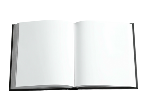 Opened hardcover book against a black background, blank white pages displayed, ready for content