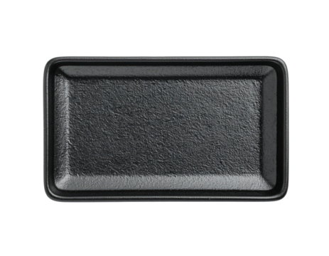 Dark, rectangular, textured plastic tray with rounded corners, set against a black background