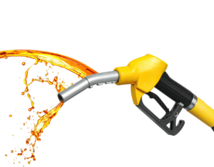 Realistic illustration of a fuel nozzle dispensing liquid, with splash effect, against black
