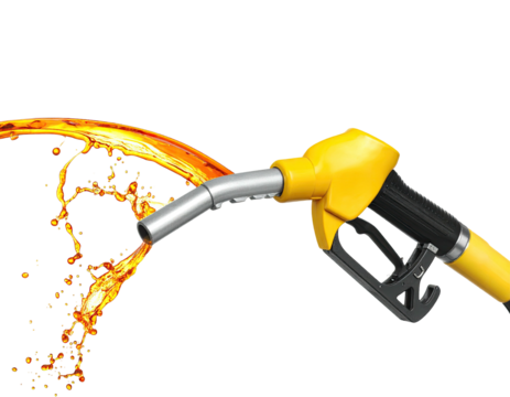 Realistic illustration of a fuel nozzle dispensing liquid, with splash effect, against black