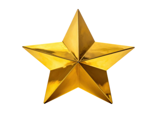 Gleaming five-pointed golden star with sharp edges against a stark black background