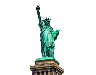 Monumental copper statue against a solid black backdrop, torch held high, tablet in hand