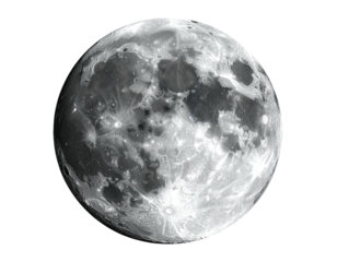 Detailed grayscale rendering of the Moon, showcasing craters and surface textures