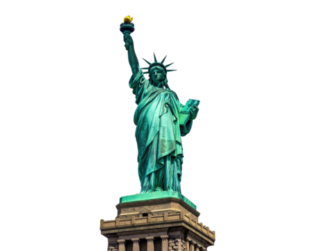 Monumental copper statue against a solid black backdrop, torch held high, tablet in hand