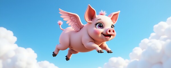 Winged pig soars across blue sky