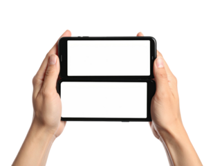 Close-up showing two hands holding a black, dual-screen device with blank white displays