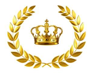 Golden royal emblem depicting a crown within a laurel wreath, signifying victory and royalty