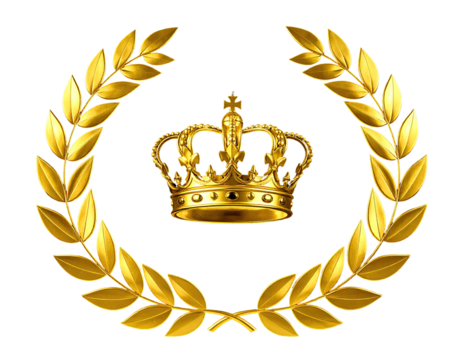 Golden royal emblem depicting a crown within a laurel wreath, signifying victory and royalty