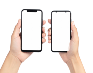 Hands holding two smartphones with blank white screens, isolated against a black background