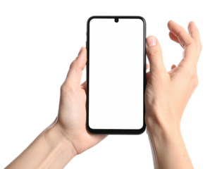 Hands cradle a mobile device against a black background, showcasing its empty screen