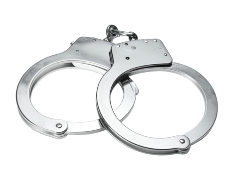 A shiny pair of metallic handcuffs, centered against a dark background, displaying security