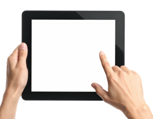 Human hands holding and interacting with a blank digital tablet on a transparent background
