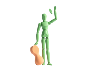 A green articulated figure with a peanut-shaped object and raised hand, isolated on black