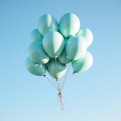 Teal balloons ascend serene blue sky
