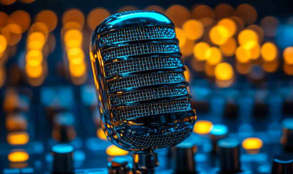 Close-up of vintage retro microphone with illuminated sound mixer control panel background in studio setting for professional audio recording and broadcasting concept