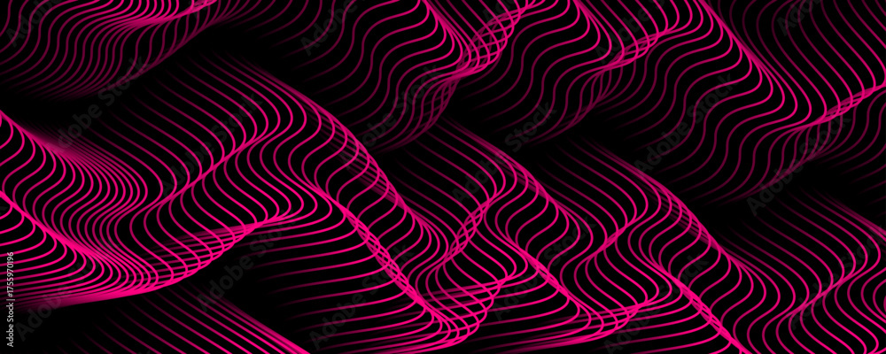 Wall mural abstract background with flowing red lines on dark surface, modern wave stripes pattern design with 