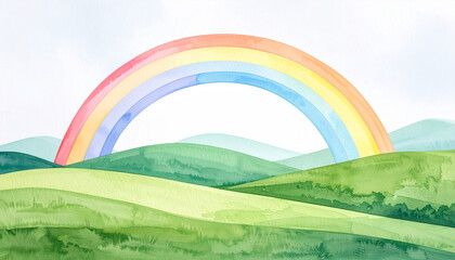 Whimsical watercolor painting of rainbow over rolling green hills, soft pastel tones.