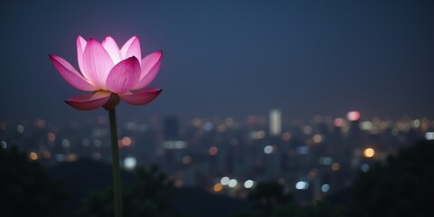 Pink lotus glows, city night backdrop