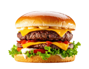 Close-up of a double-patty burger with cheese, tomatoes, lettuce, and sauces