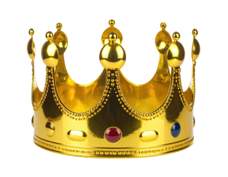 A shiny golden headpiece with jewels, fit for royalty, isolated against a black background